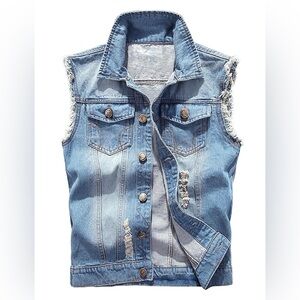 NWT Men’s Denim Vest Ripped Sleeveless Jean Jacket Casual Slim Fit XXL